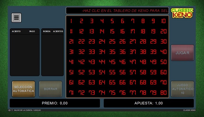 Juego de Keno Online de 888 Casino